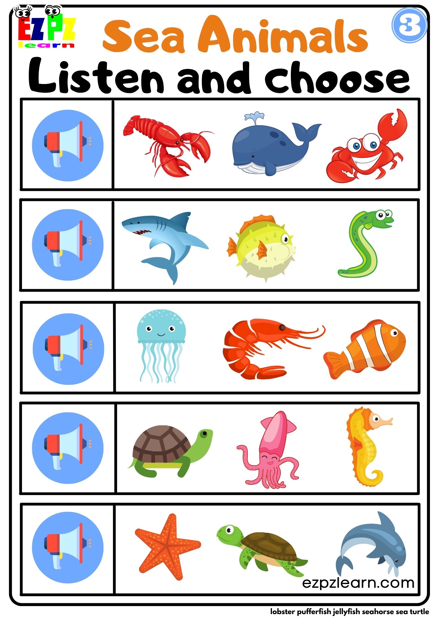 Interactive Worksheet for Sea Animals Listen and Choose the Correct Images Activity for Kids